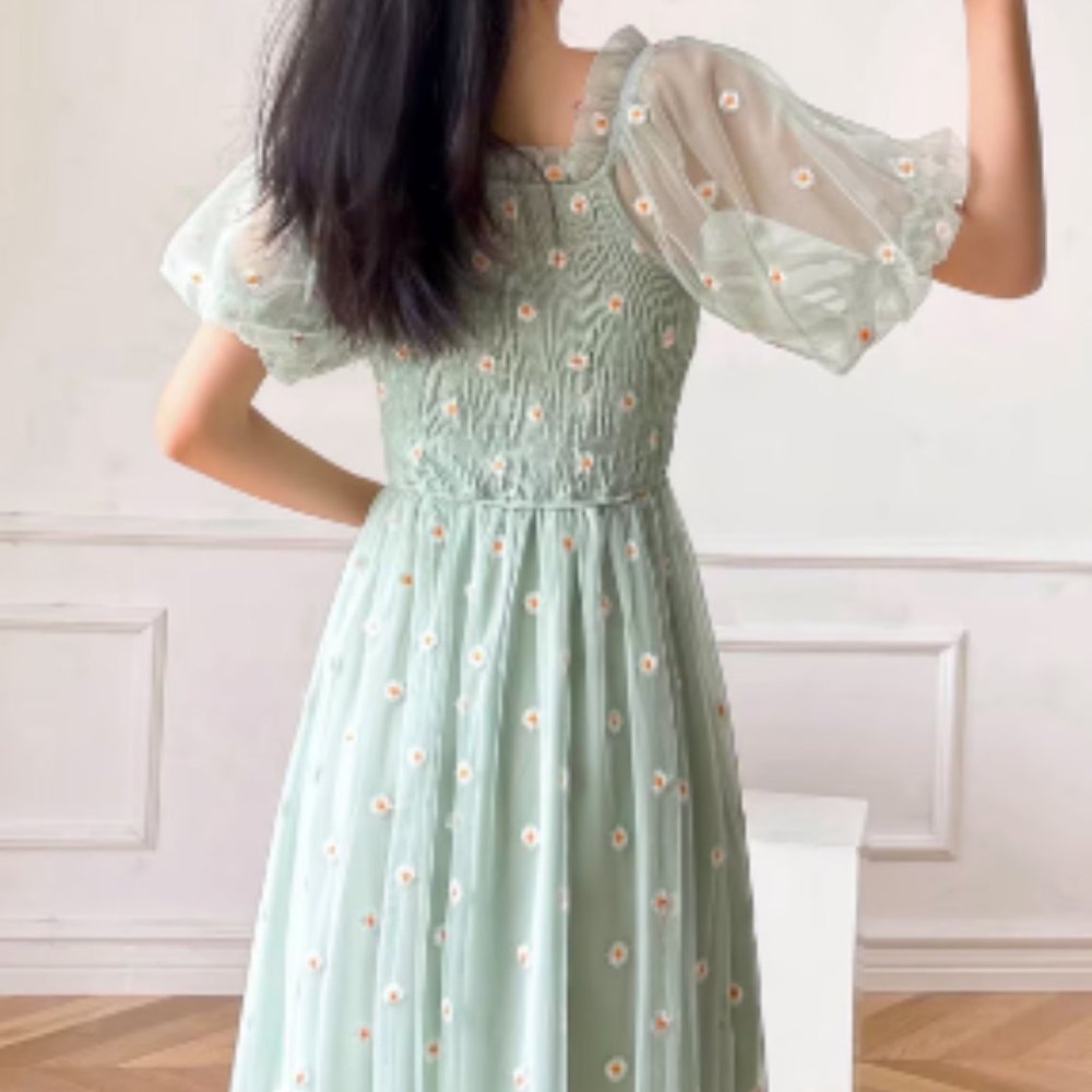 Ivory Puff Sleeve Tulle Mesh Smocked Chest Daisy Embroidered Dress - Picture 15 of 15